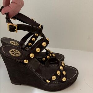 Tory Burch Black and Gold Studded Wedge Sandals